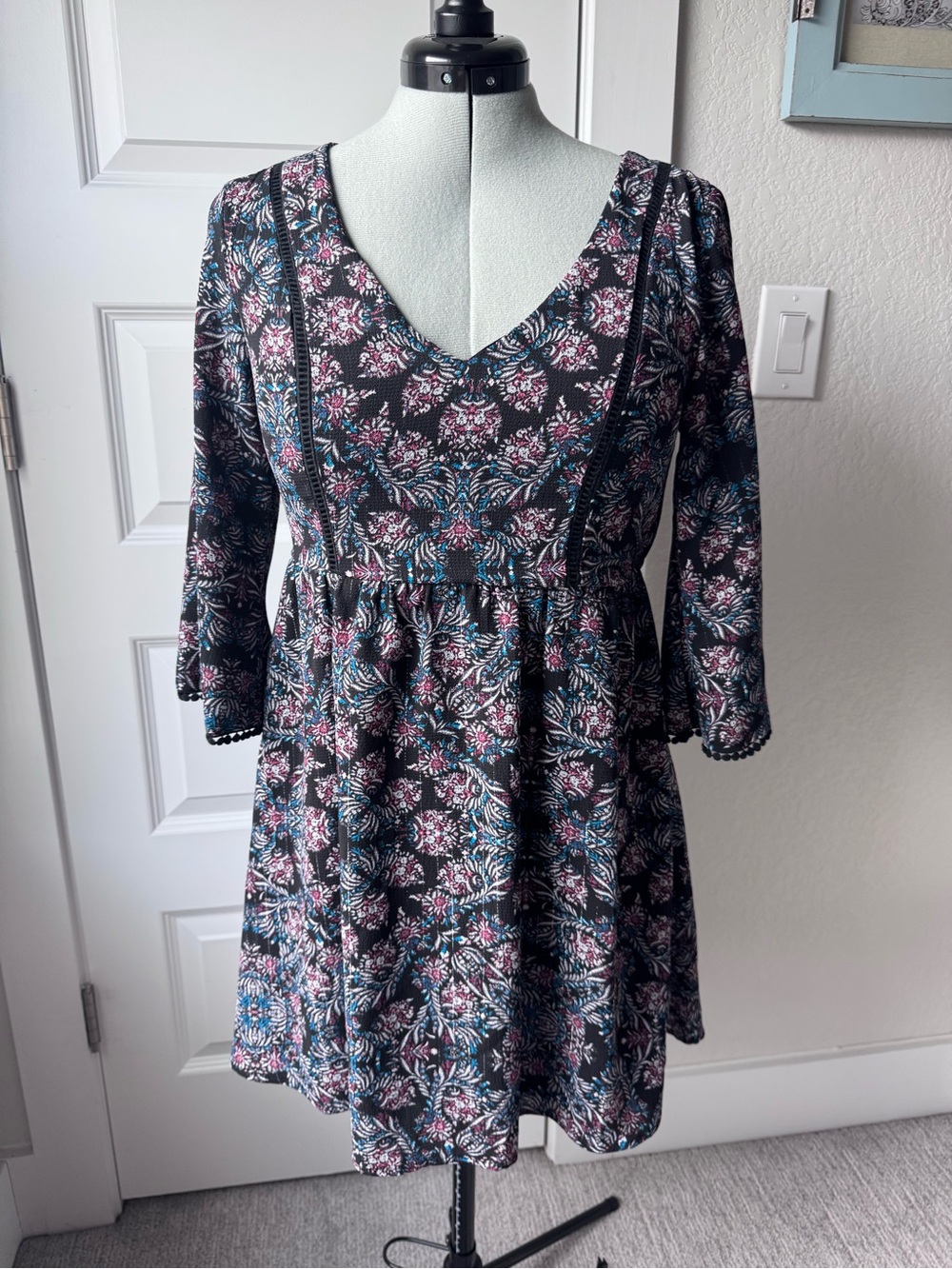 As U Wish Black Floral V-Neck Long Sleeve Mini Dress with Teal & Pink Accents